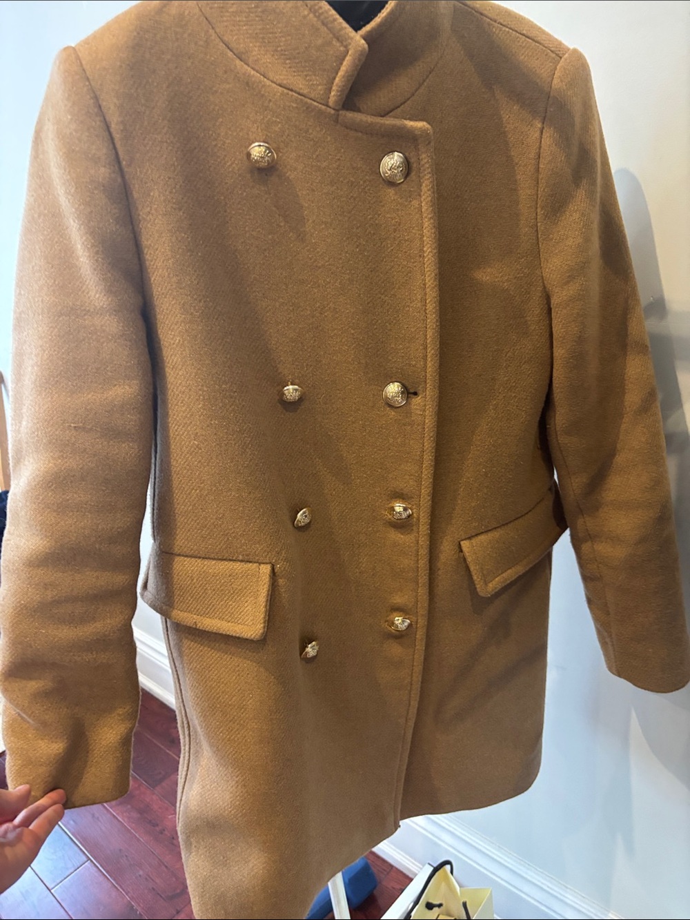 Zara Camel Double-Breasted Pea Coat with Gold Buttons